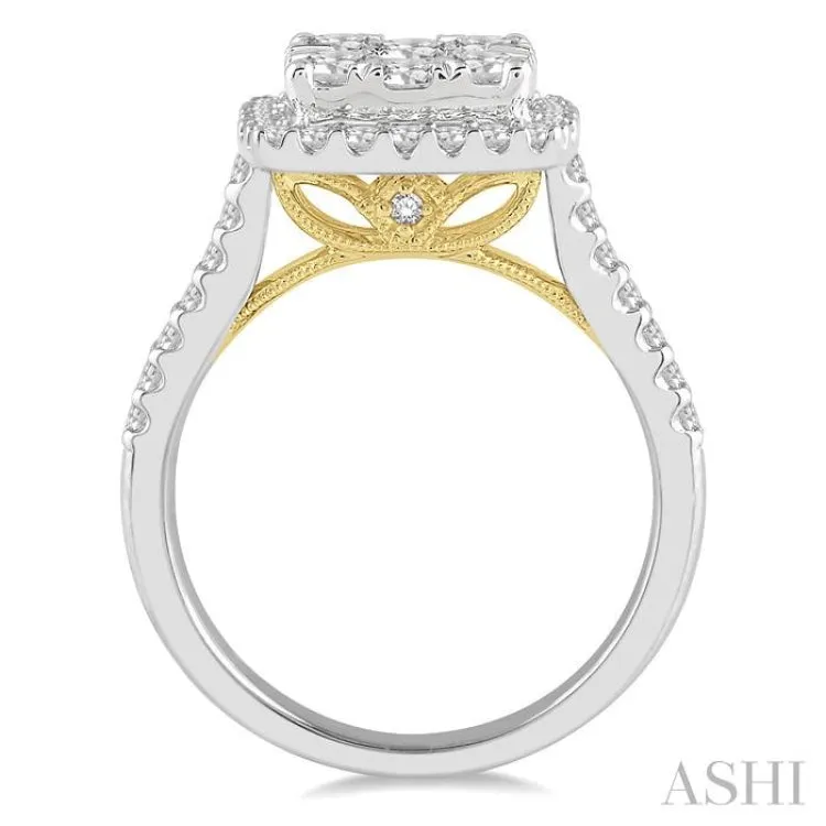 1 1/2 Ctw Round Diamond Lovebright Halo Engagement Ring in 14K White and Yellow Gold