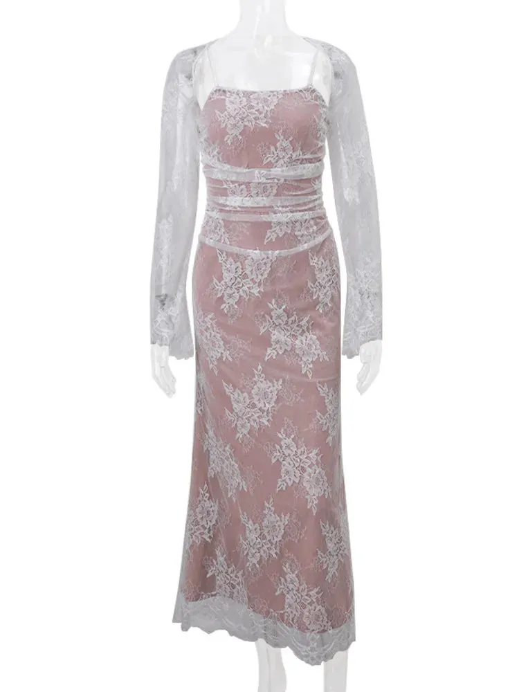 2024 Spring Temperament See Through Slip Lace-up Evening Floral Dress