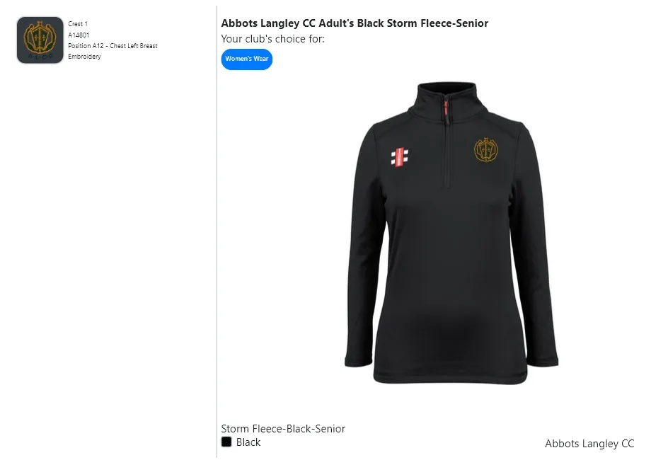 Abbots Langley CC  Adult's Black Storm Fleece-Senior