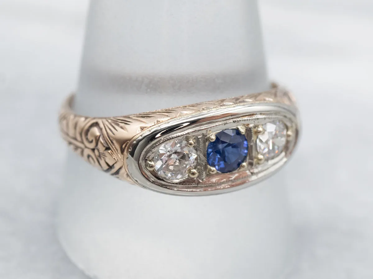 Antique Blue Sapphire and European Cut Diamond Ring