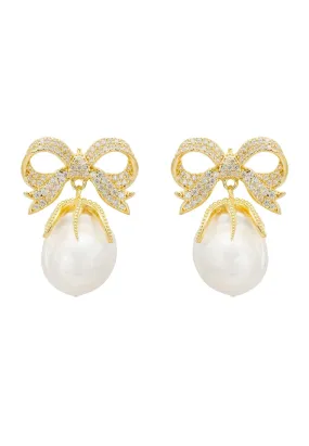 Baroque Pearl Ribbon And Bows Drop Earrings Gold