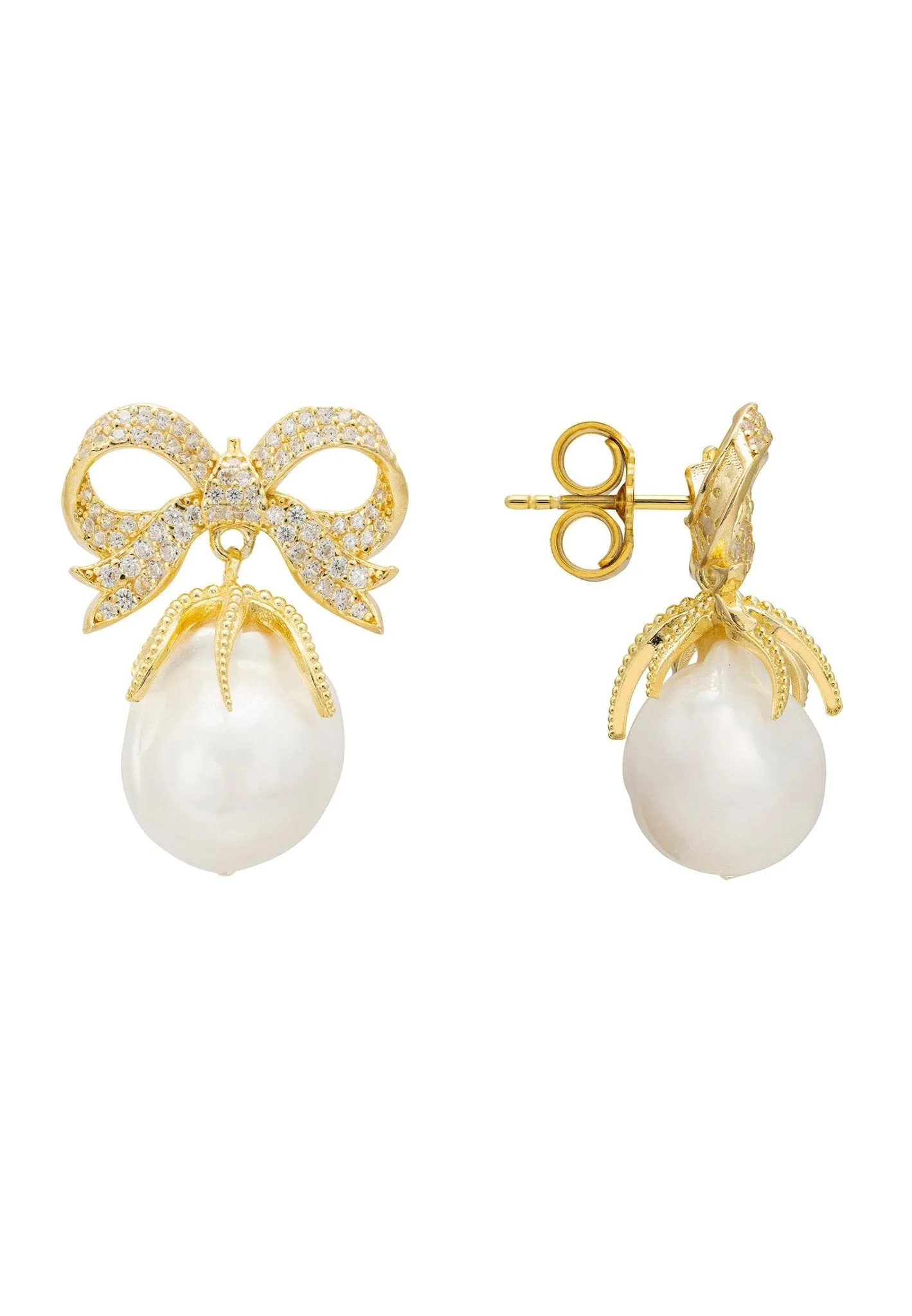 Baroque Pearl Ribbon And Bows Drop Earrings Gold