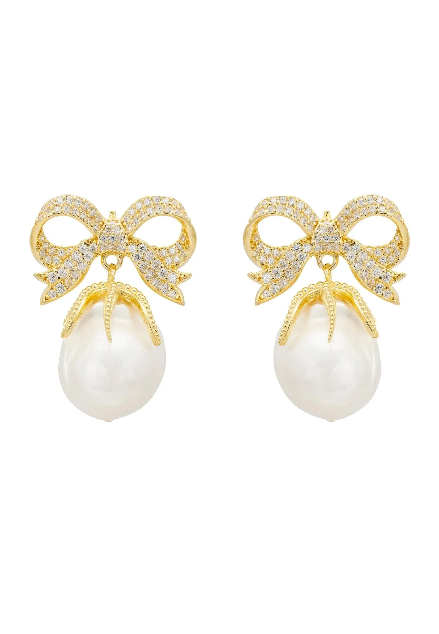 Baroque Pearl Ribbon And Bows Drop Earrings Gold