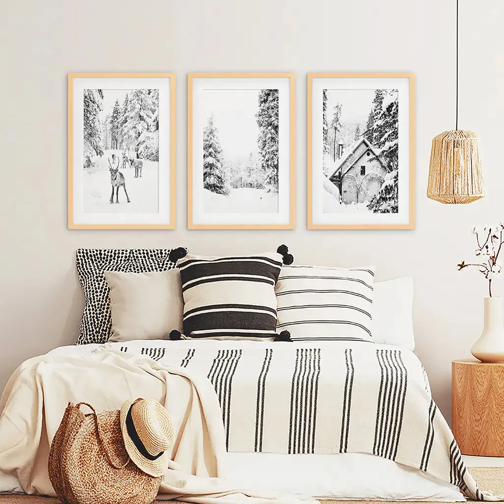 Black White Winter Woodland Wall Art Set. Reindeers, Cabin