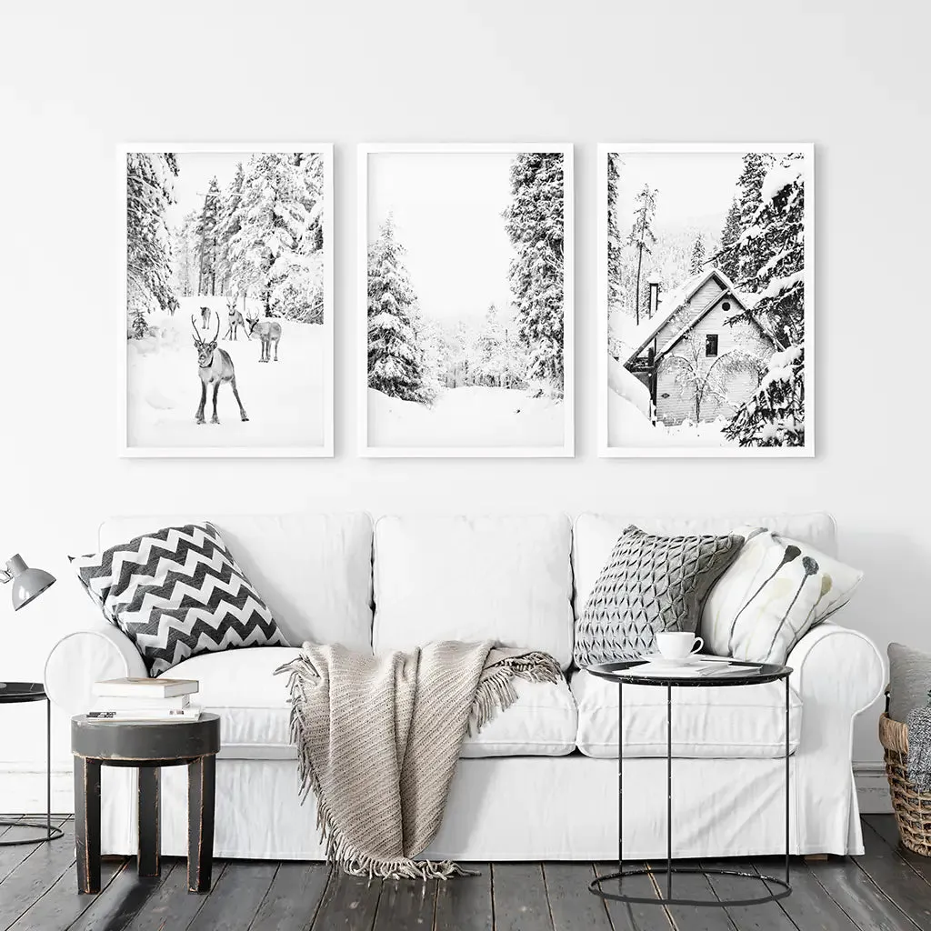 Black White Winter Woodland Wall Art Set. Reindeers, Cabin