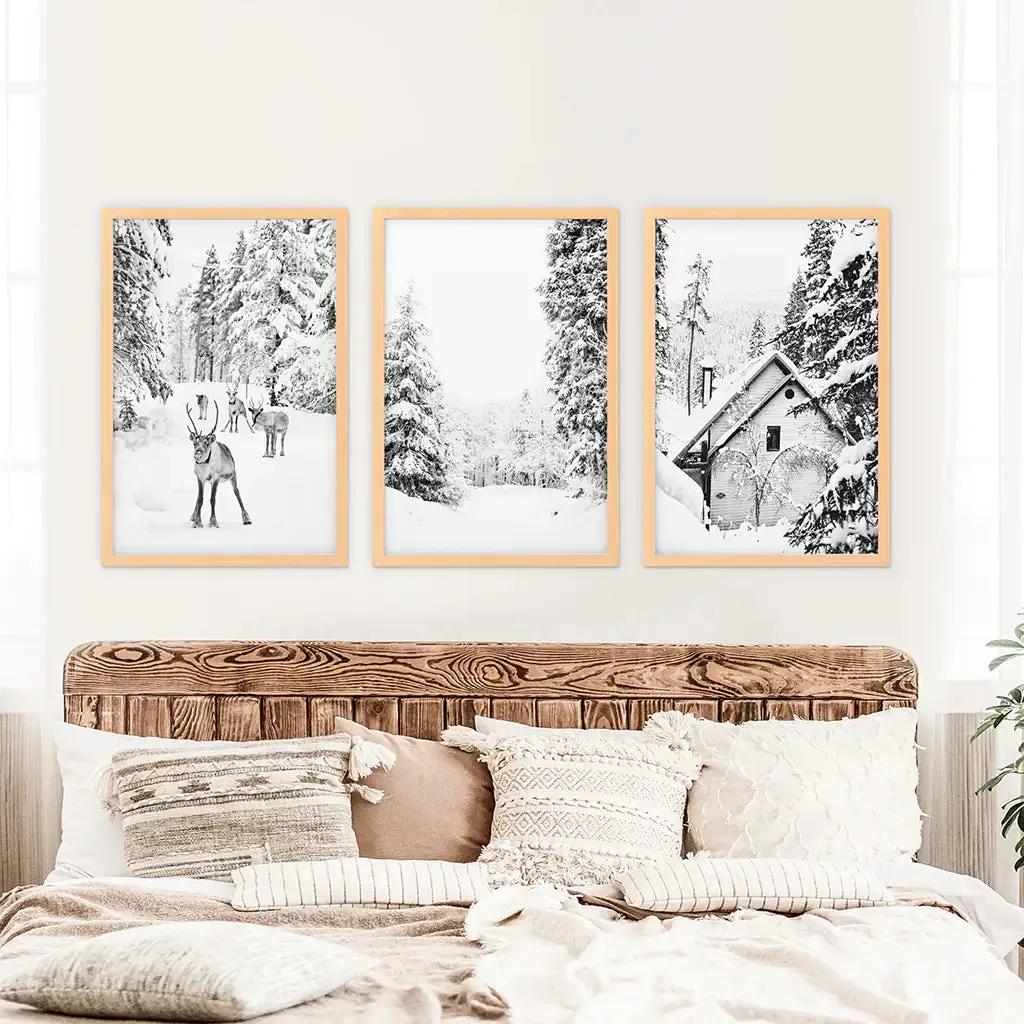 Black White Winter Woodland Wall Art Set. Reindeers, Cabin