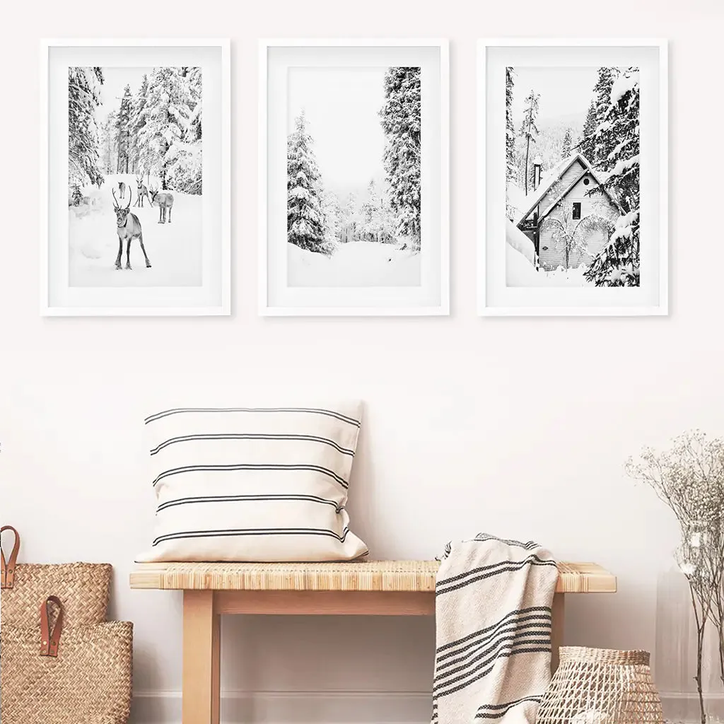 Black White Winter Woodland Wall Art Set. Reindeers, Cabin