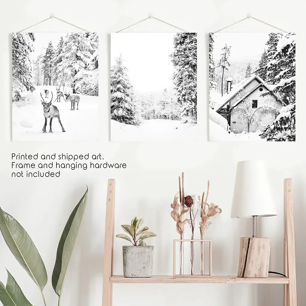 Black White Winter Woodland Wall Art Set. Reindeers, Cabin