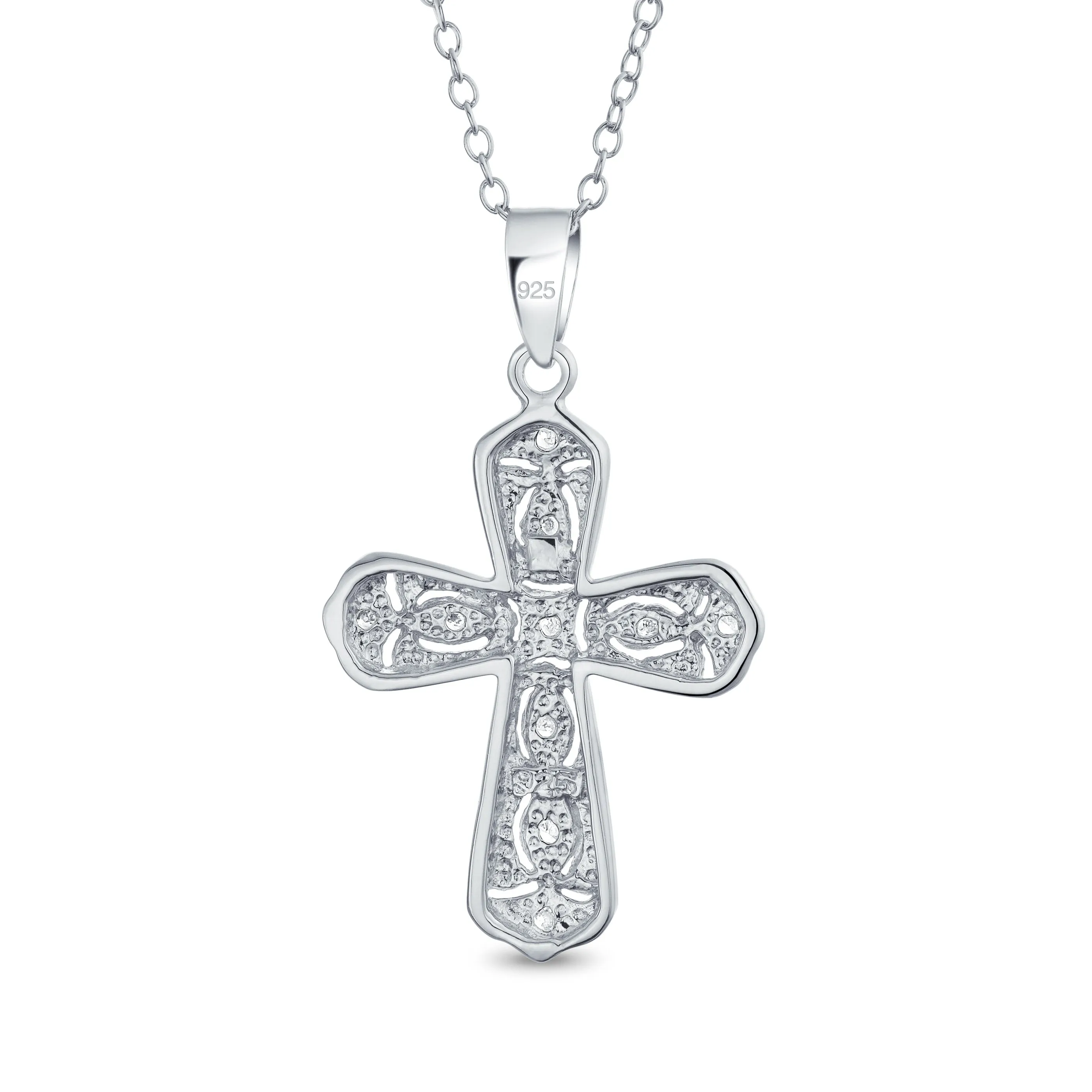 Bridal Vintage Style CZ Cross Pendant Necklace .925 Sterling Silver