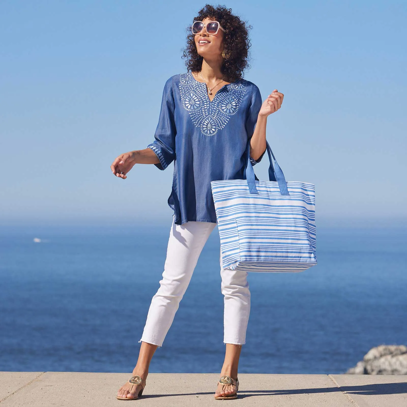 Chambray Top With Light Blue Embroidered Neckline