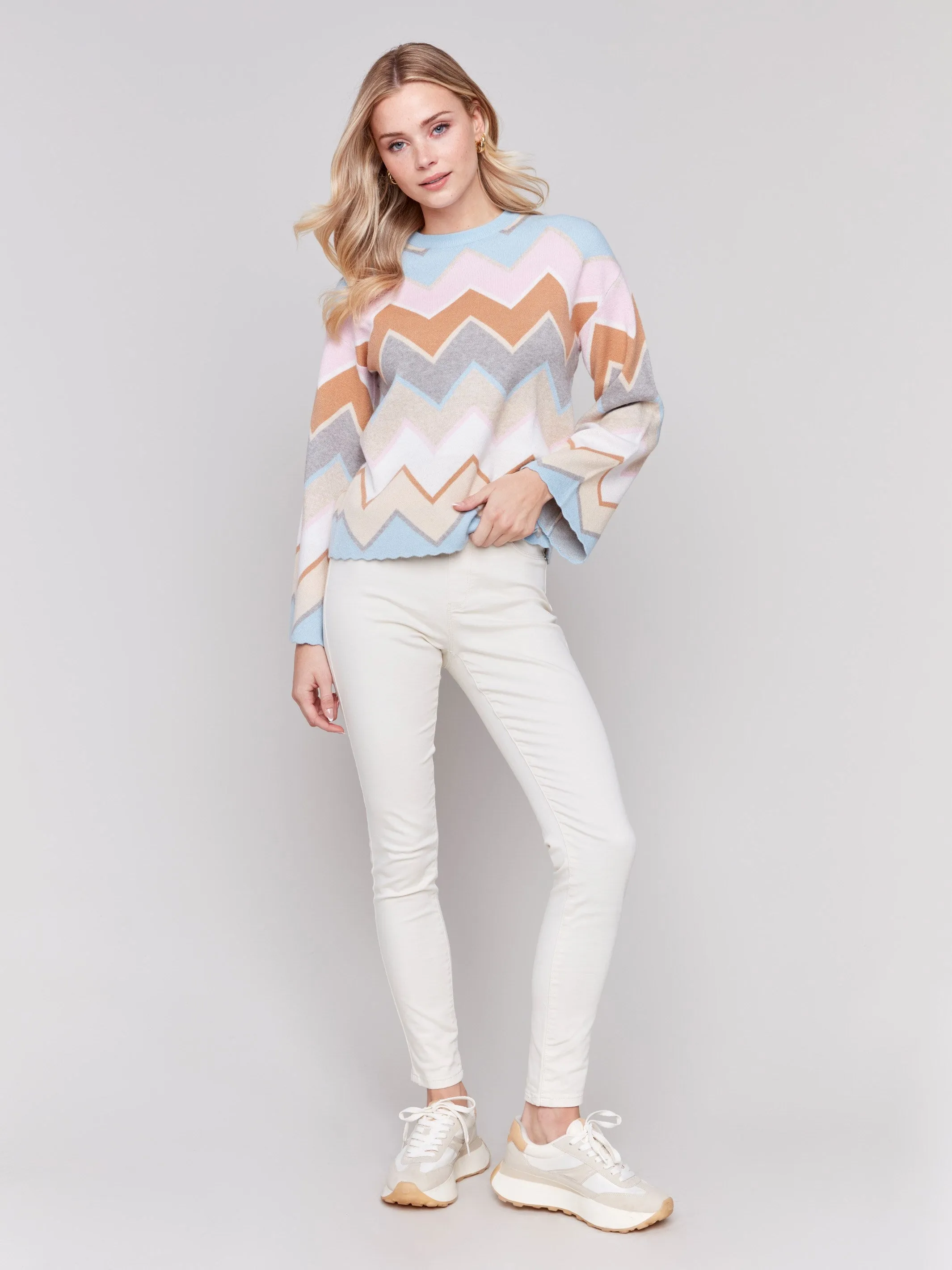 Chevron Stripe Bell Sleeve Sweater - Candy