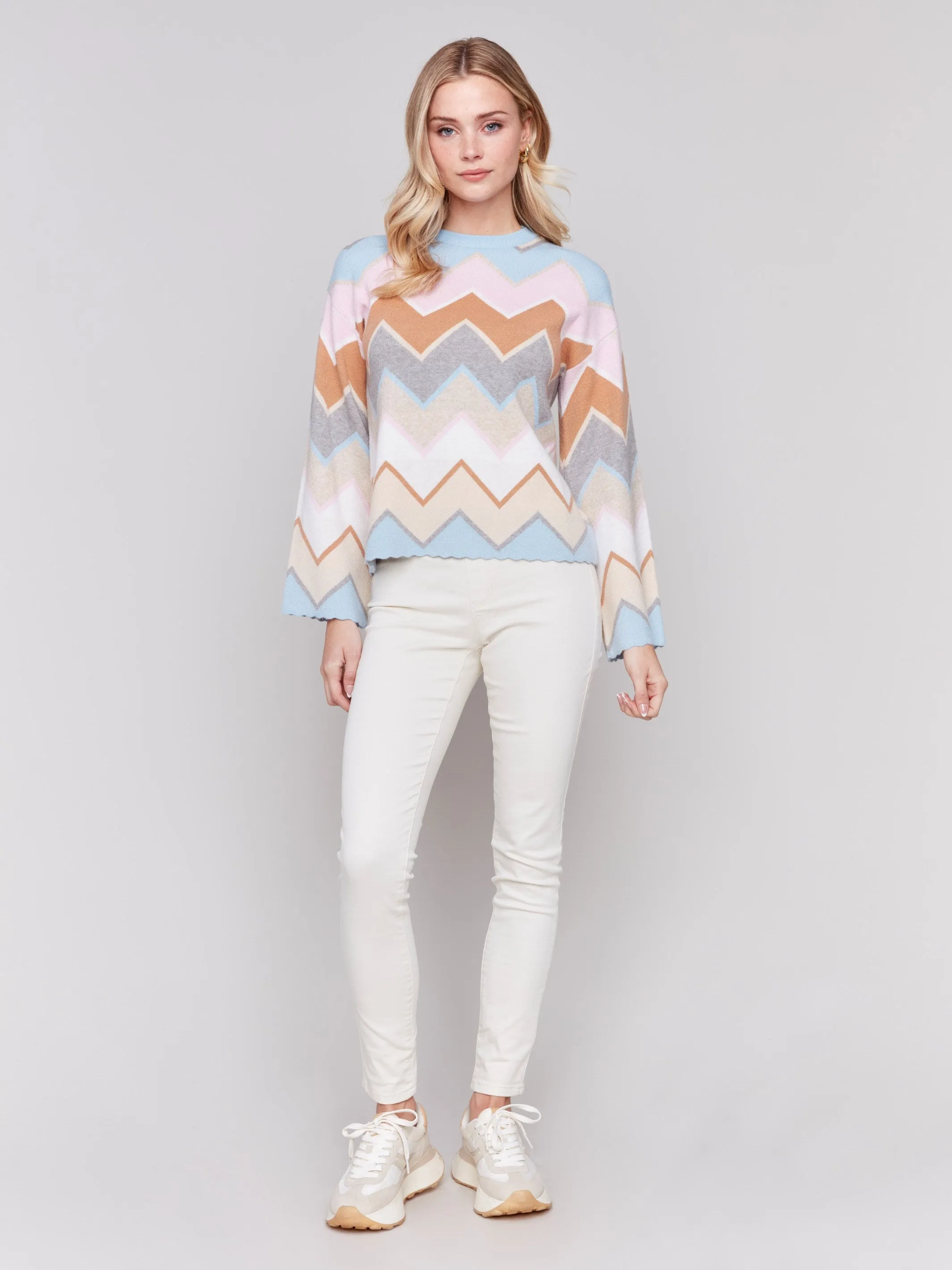 Chevron Stripe Bell Sleeve Sweater - Candy