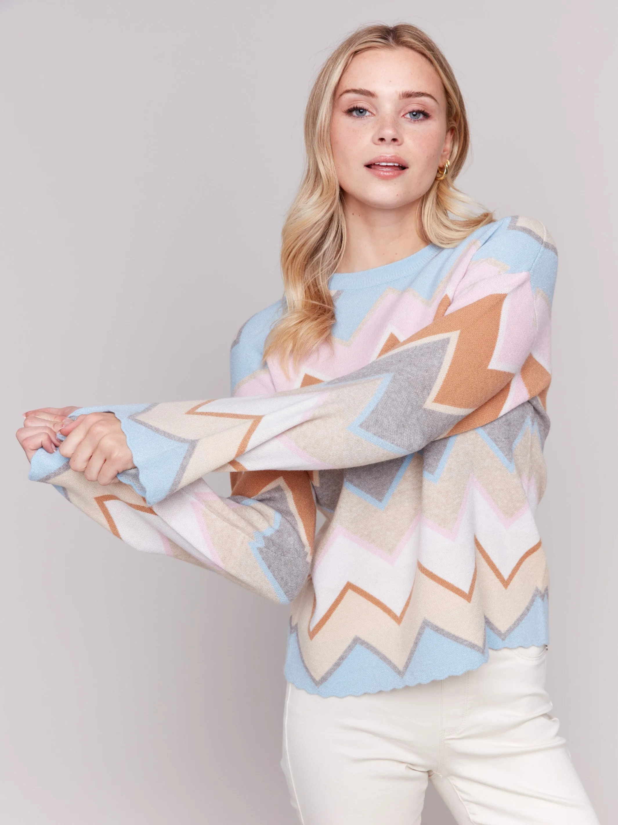 Chevron Stripe Bell Sleeve Sweater - Candy