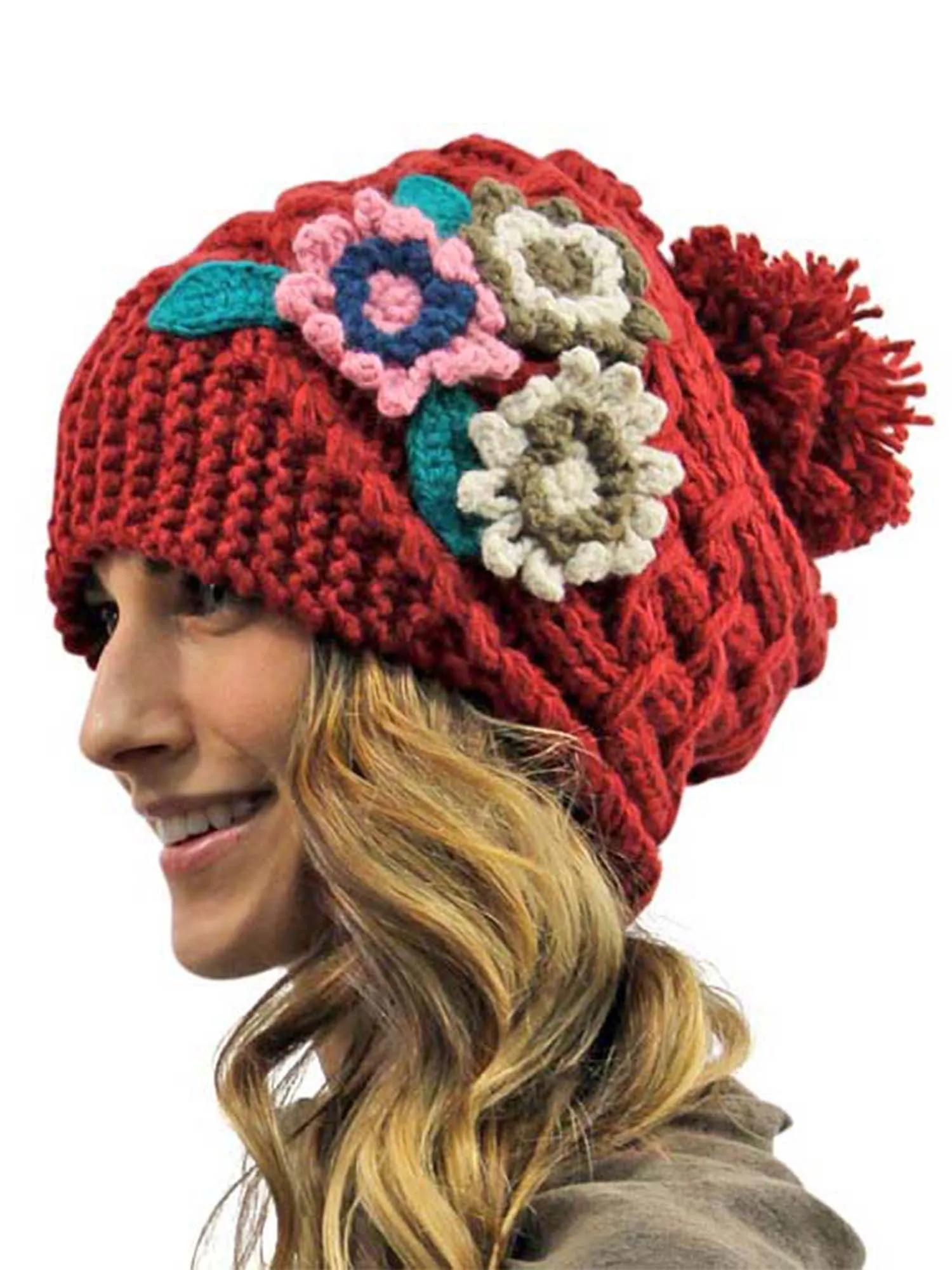 Chunky Knit Floral Slouchy Beanie Cap Hat