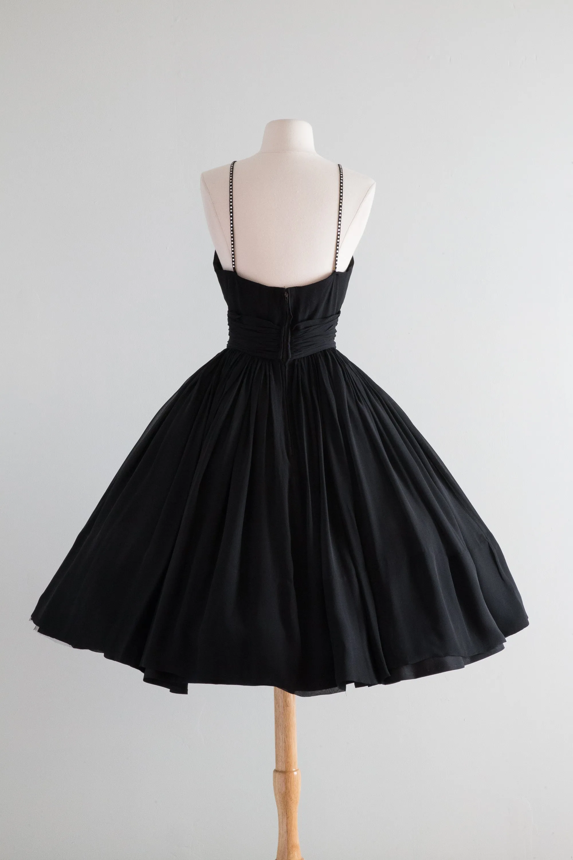 Classic 1950's Black Silk Chiffon Cocktail Dress By Jonny Herbert / Small