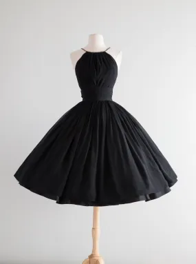 Classic 1950's Black Silk Chiffon Cocktail Dress By Jonny Herbert / Small