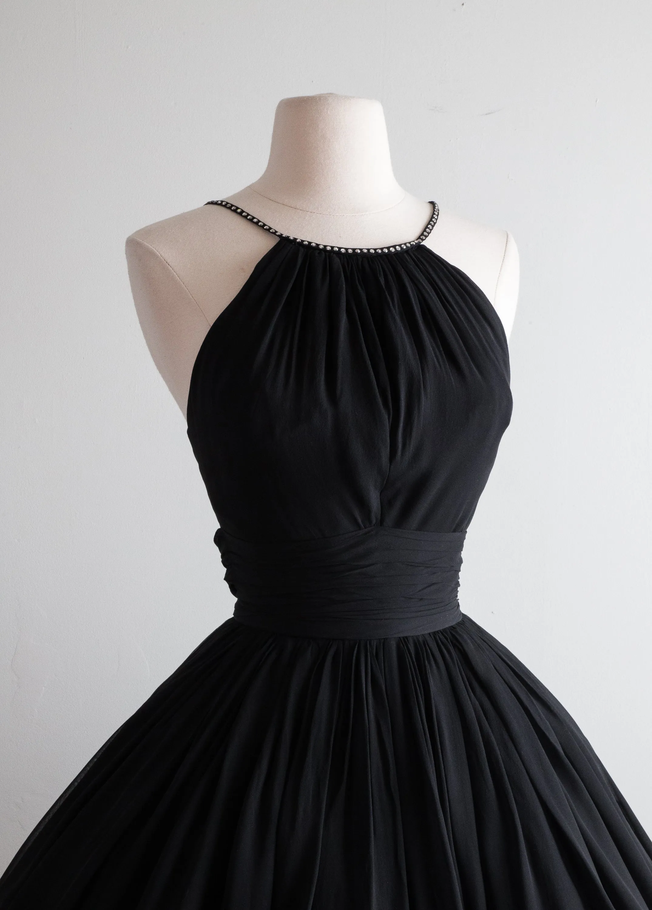 Classic 1950's Black Silk Chiffon Cocktail Dress By Jonny Herbert / Small