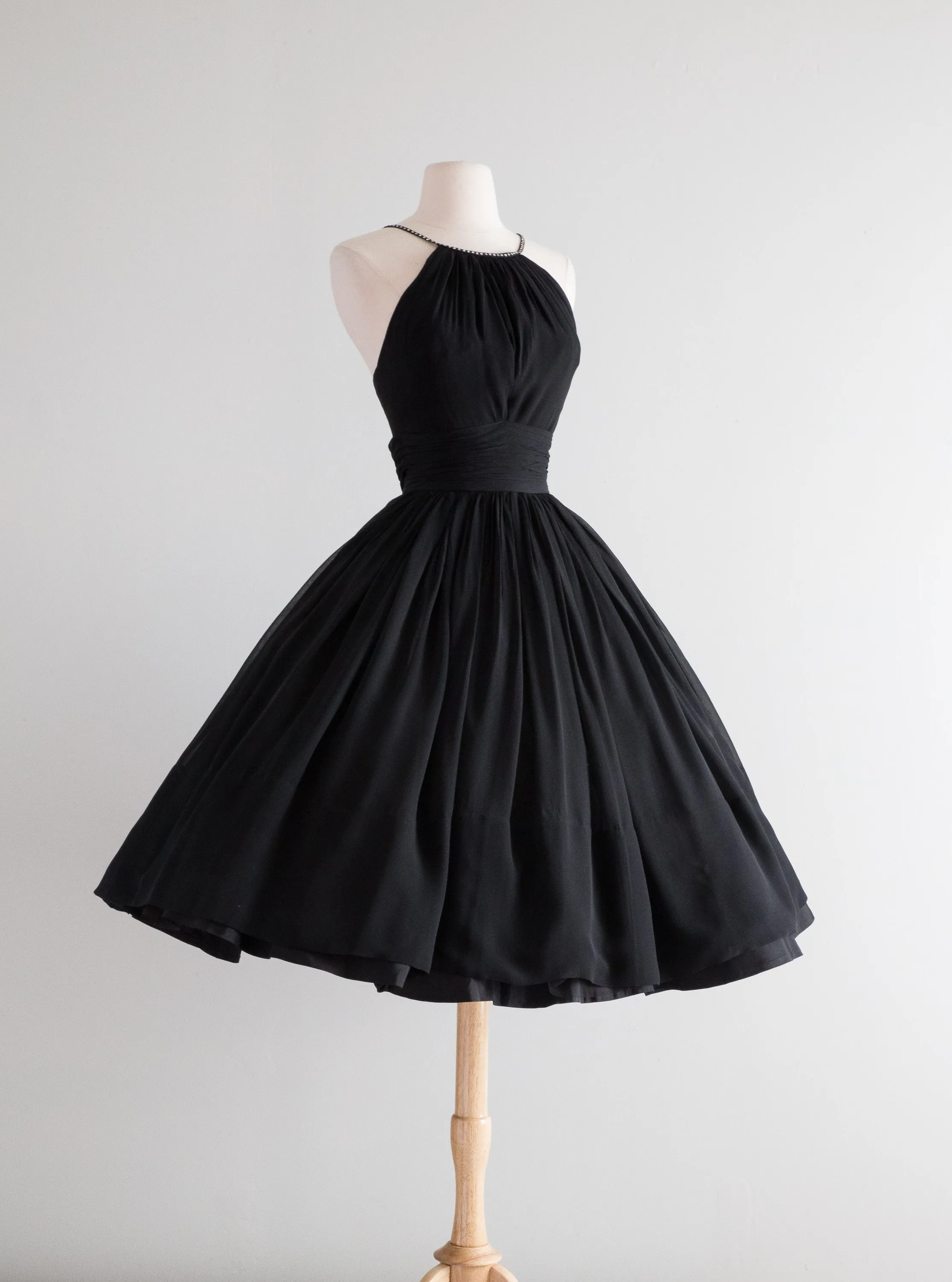 Classic 1950's Black Silk Chiffon Cocktail Dress By Jonny Herbert / Small