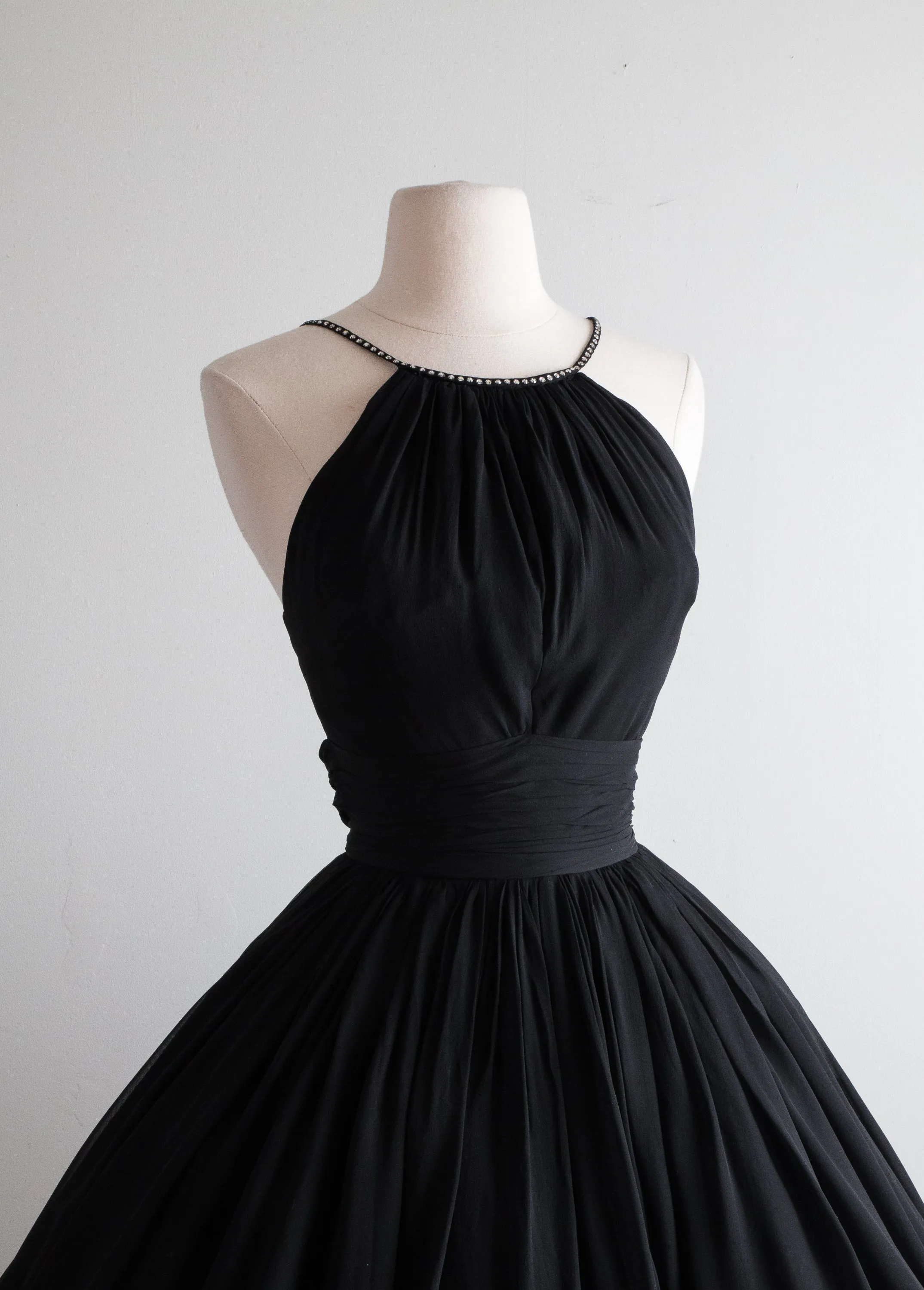 Classic 1950's Black Silk Chiffon Cocktail Dress By Jonny Herbert / Small