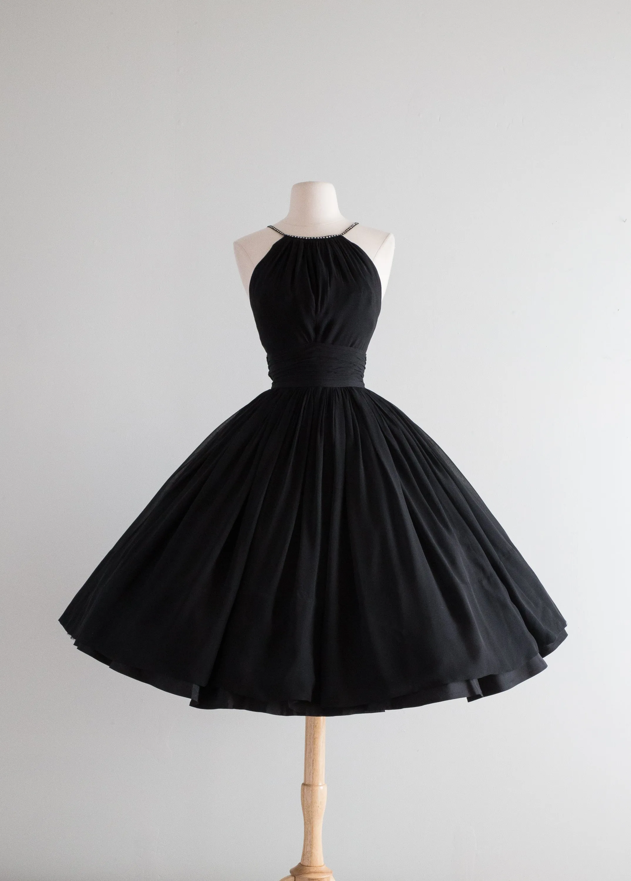 Classic 1950's Black Silk Chiffon Cocktail Dress By Jonny Herbert / Small