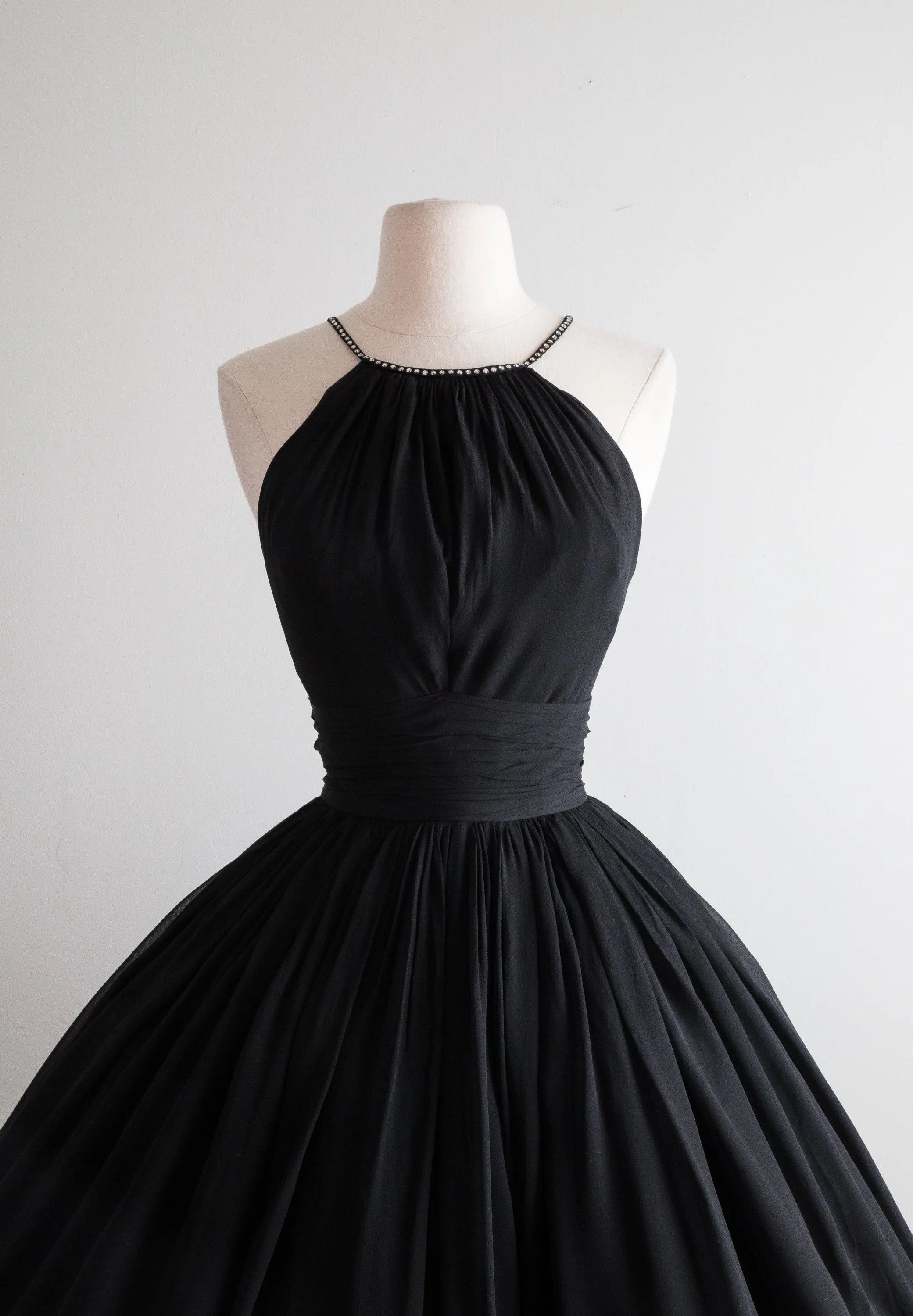 Classic 1950's Black Silk Chiffon Cocktail Dress By Jonny Herbert / Small