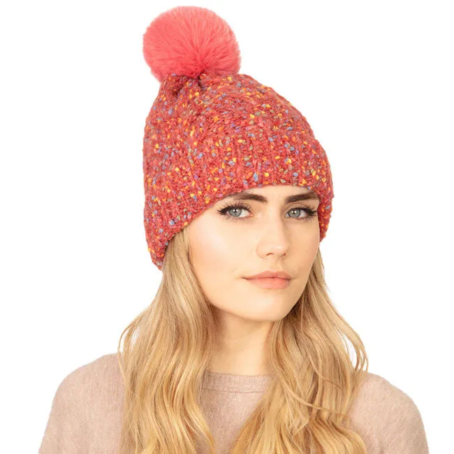 Confetti Cable Knit Pom Pom Beanie Hat