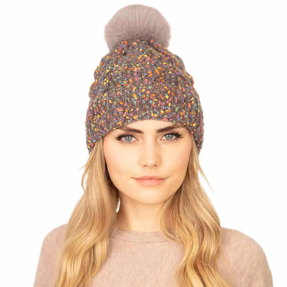 Confetti Cable Knit Pom Pom Beanie Hat