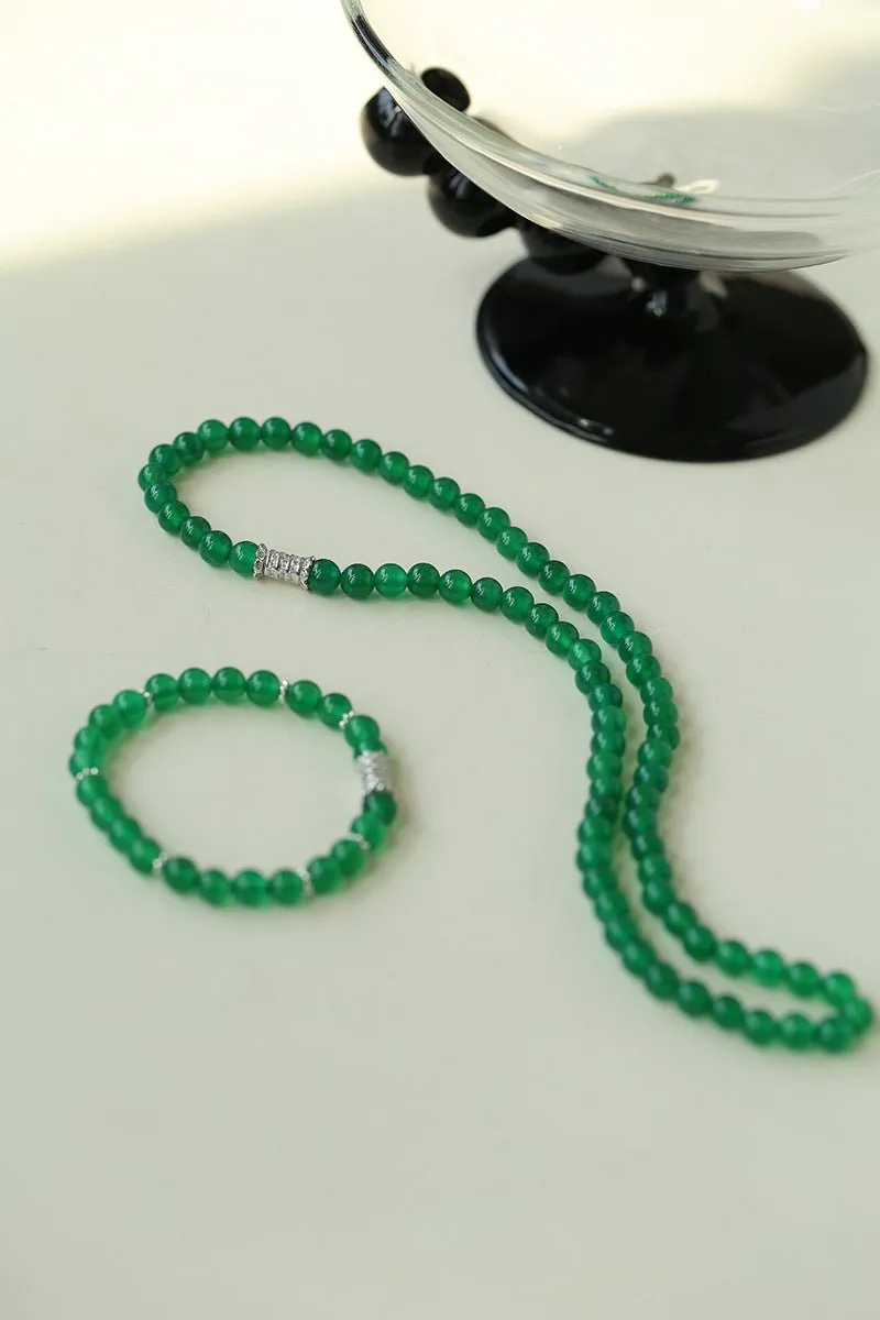 Elastic Bracelet with Zirconia and Green Onyx Beads