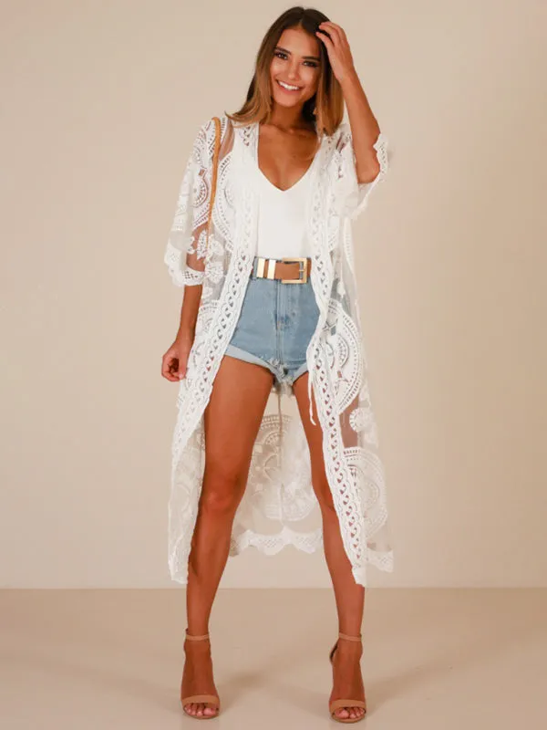 Embroidered Lace And Mesh Beach Cover Up