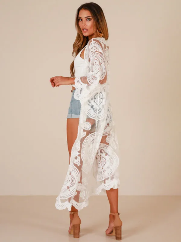 Embroidered Lace And Mesh Beach Cover Up