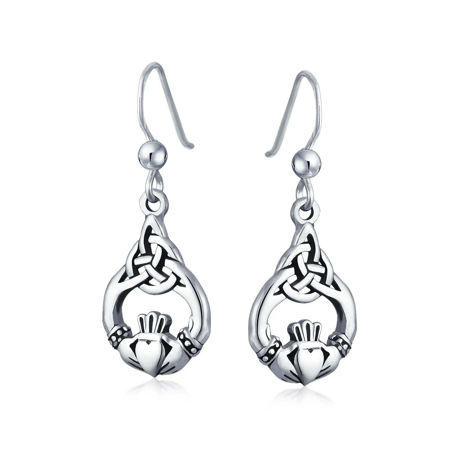 Friendship BFF Heart Irish Celtic Claddagh Dangle Earrings .925 Silver Fish Hook