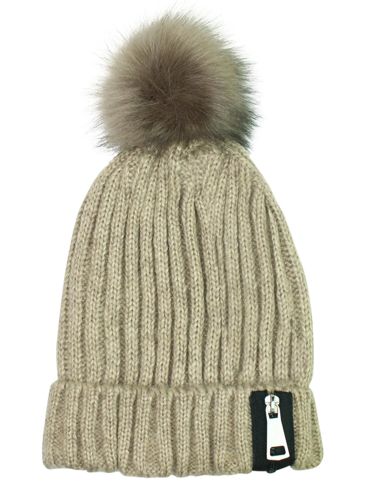 Fur Lined Knit Pom Pom Beanie Hat With Zipper