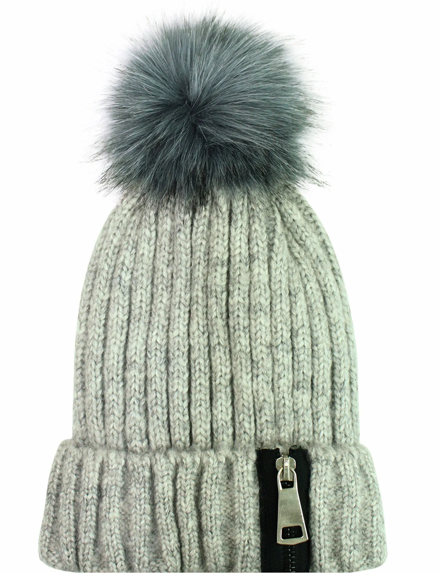 Fur Lined Knit Pom Pom Beanie Hat With Zipper