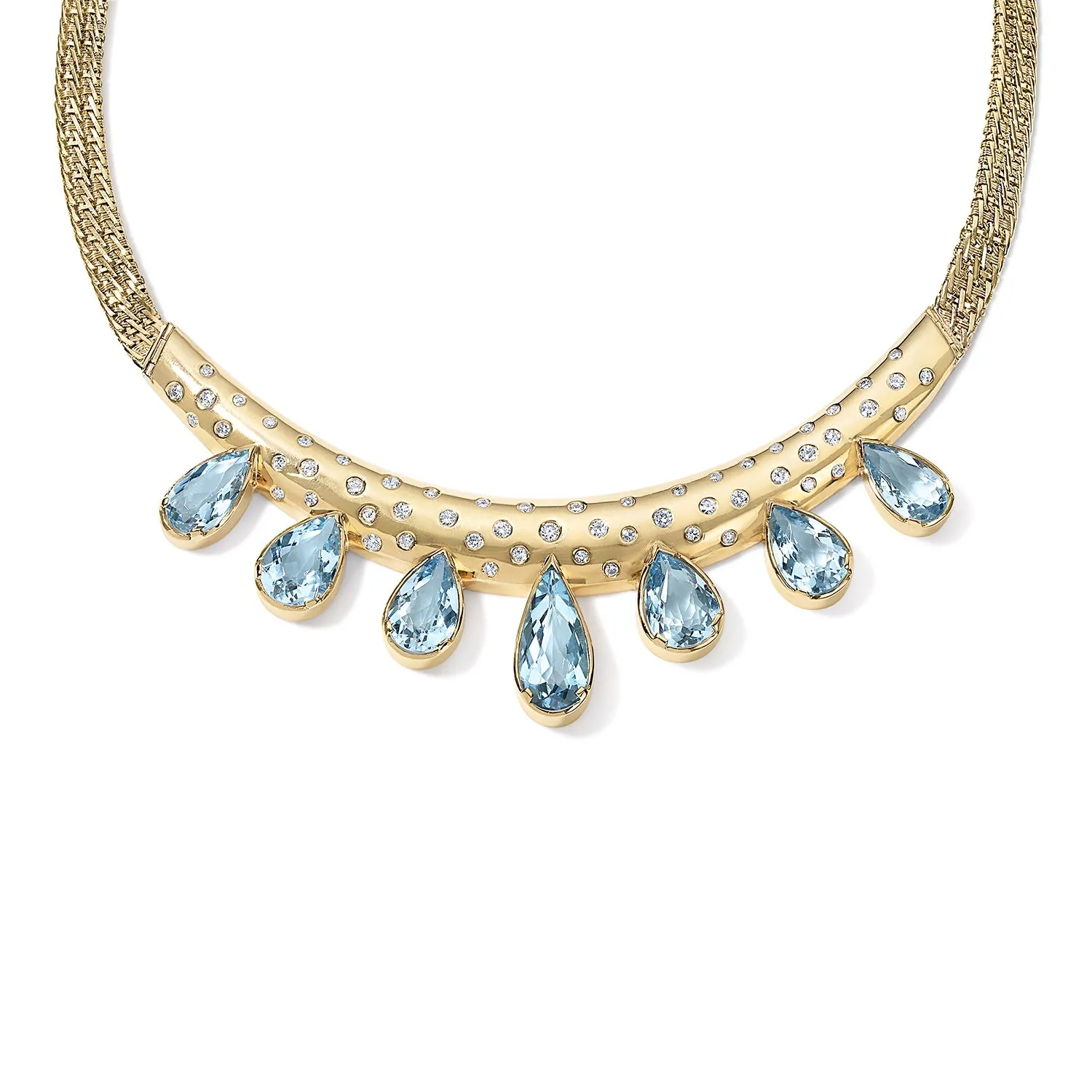 Gold Collar Necklace with Graduating Aquamarine Pears