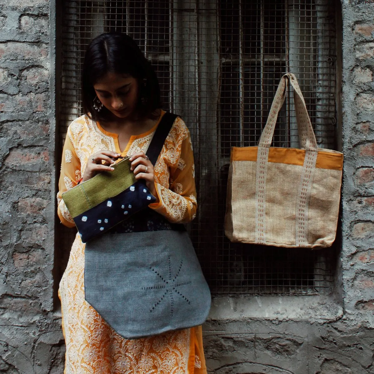 Jute & Ikat Shopping Tote, Jute Market Tote bag, Ikat Pouch Combo