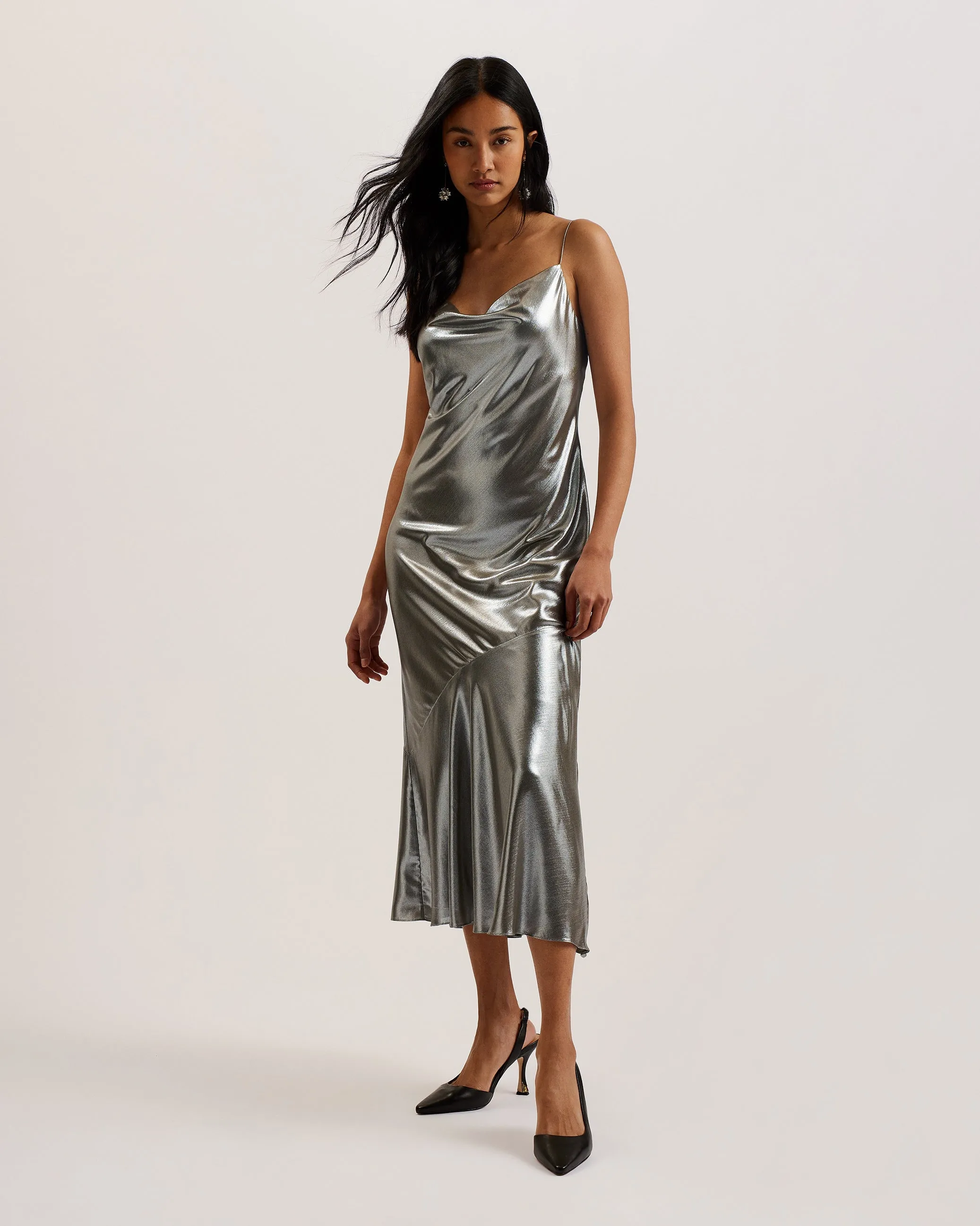 Limern Cowl Neck Bias Cut Lurex Midi Dress Silver