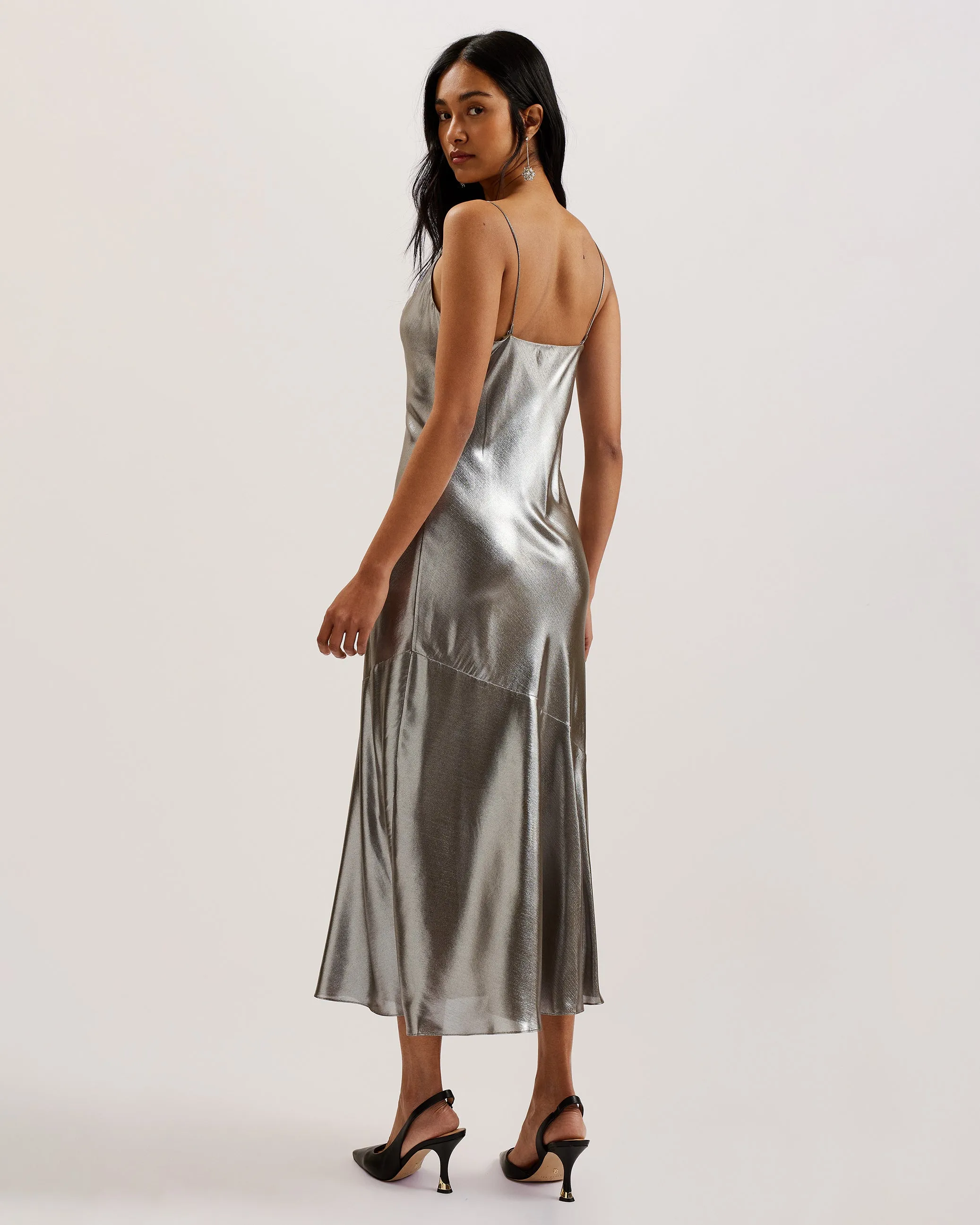 Limern Cowl Neck Bias Cut Lurex Midi Dress Silver