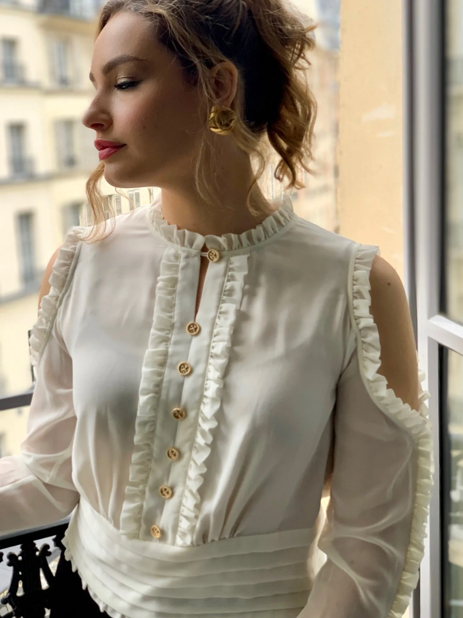 Open Shoulder Blouse with Ruffle Detail - Ivory