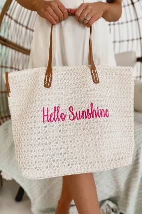 "Hello Sunshine" Embroidered Straw Tote (White/Pink)