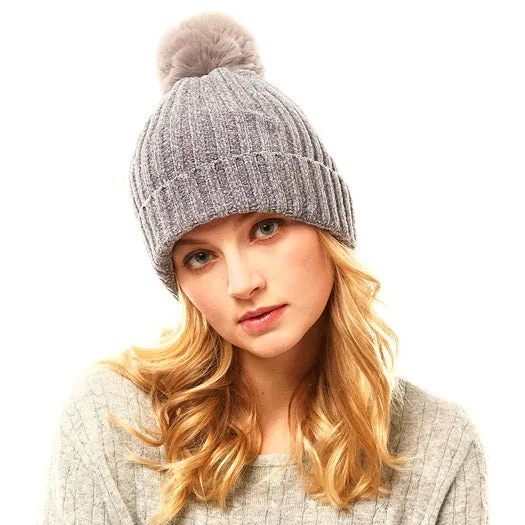 Soft Cozy Solid Chenille Pom Pom Beanie Hat