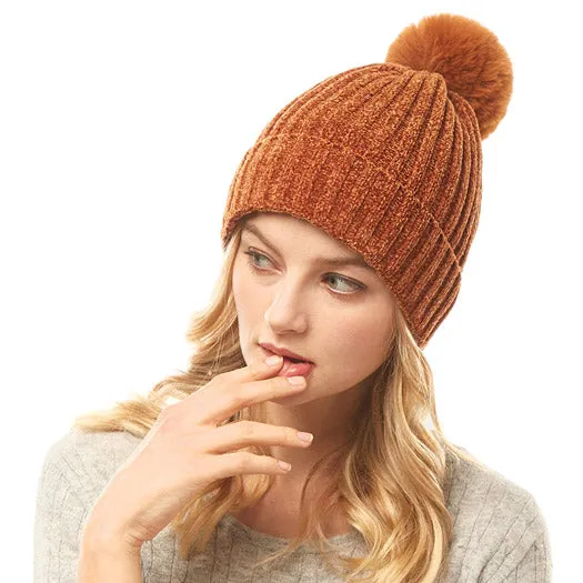 Soft Cozy Solid Chenille Pom Pom Beanie Hat