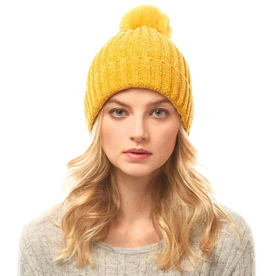 Soft Cozy Solid Chenille Pom Pom Beanie Hat