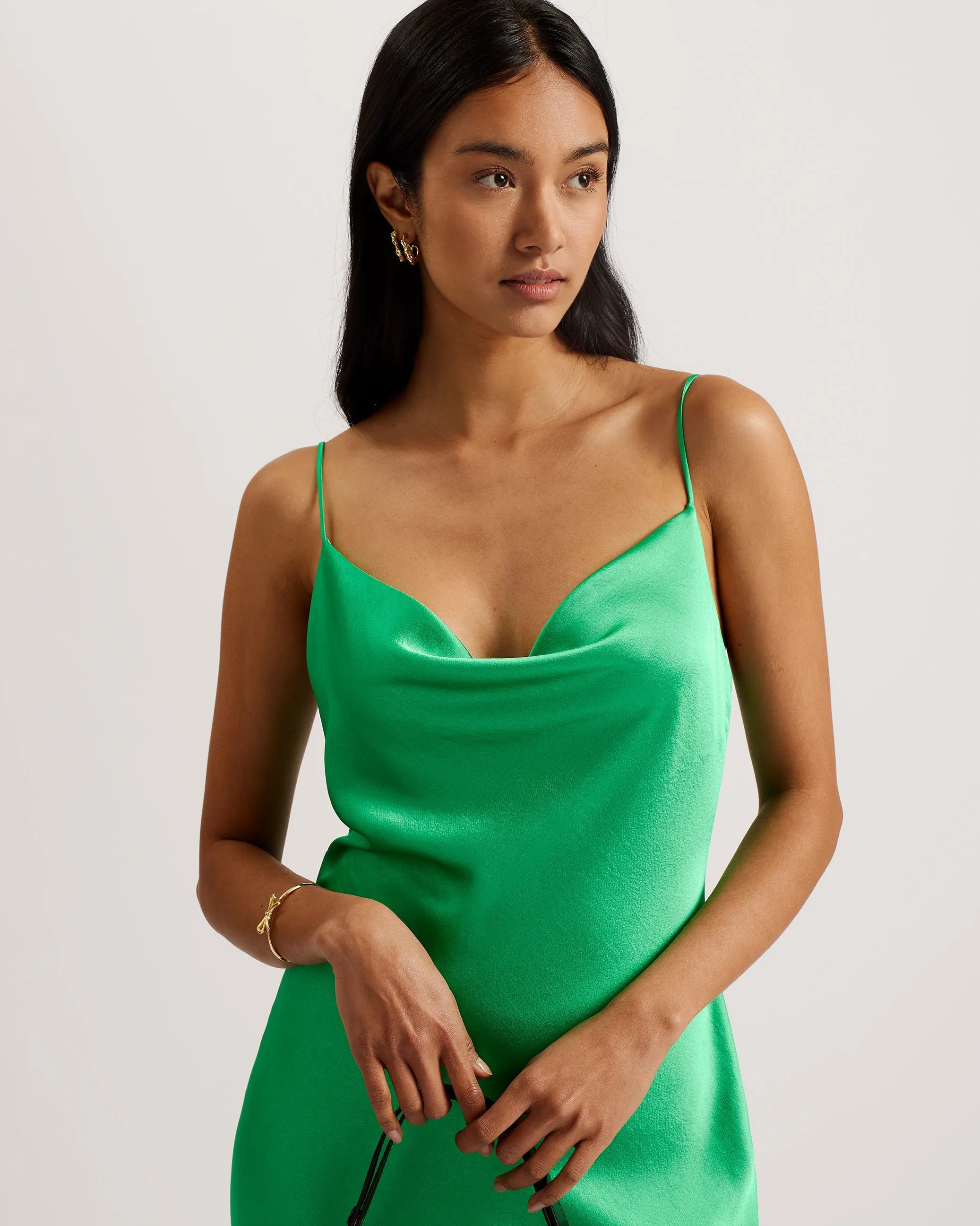 Tunca Satin Cowl Neck Evening Midi Dress Green