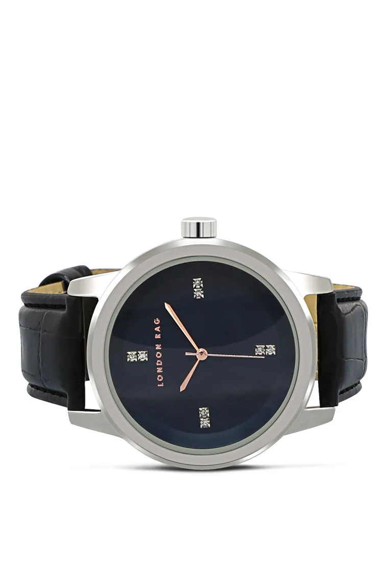 unisex black casual watch with croc pu leather strap