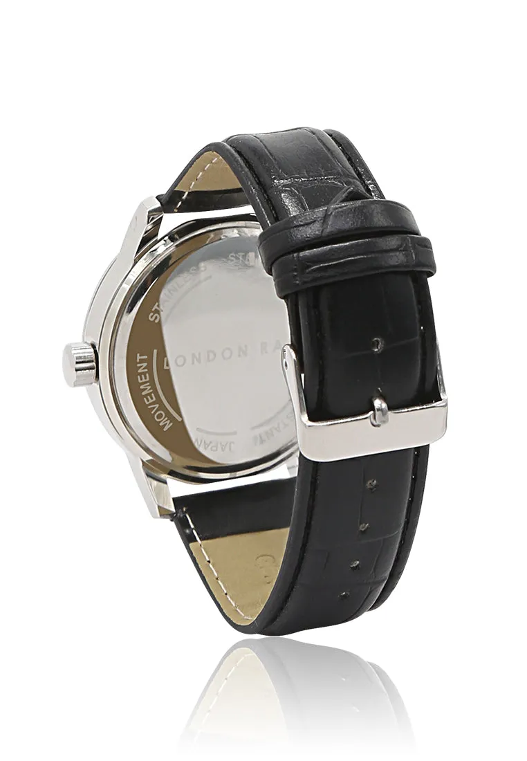 unisex black casual watch with croc pu leather strap