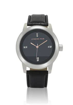 unisex black casual watch with croc pu leather strap