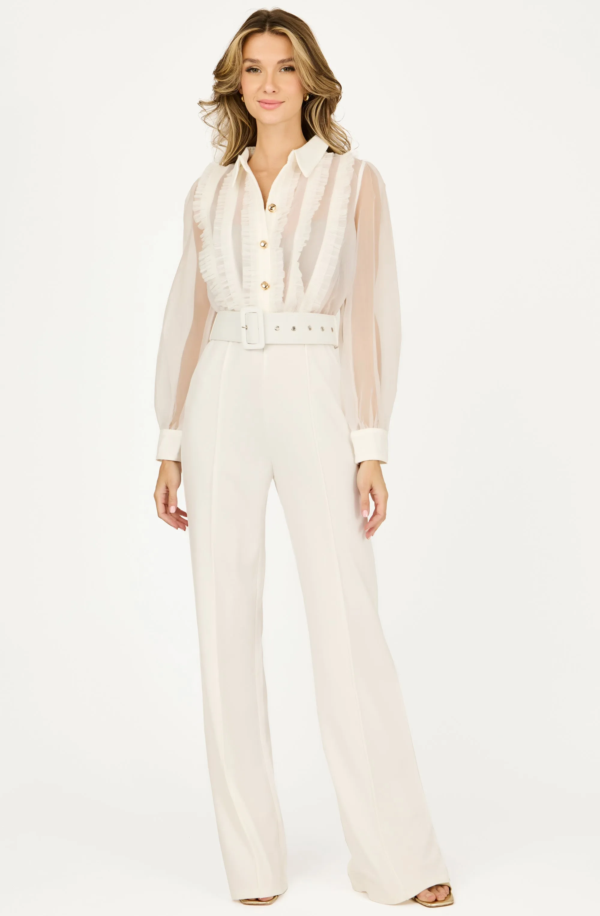 Wide leg Belted Jumpsuit with Organza Sleeves