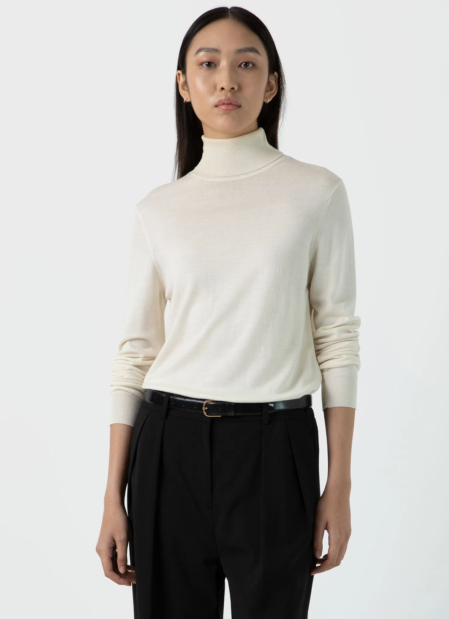 Women's Merino Silk Roll Neck Jumper in Ecru