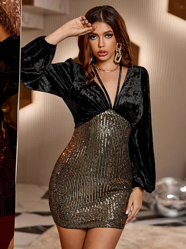 Women's Velvet And Sequin Fitted Backless Party Dress