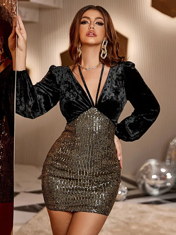 Women's Velvet And Sequin Fitted Backless Party Dress